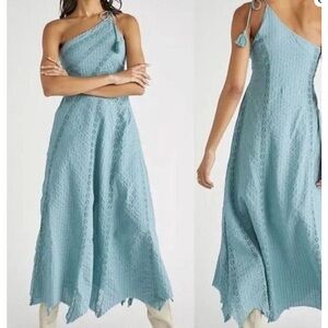 Free People Bella Maxi Dress Lace Inserts One Shoulder Tie ShoulderBlue Medium